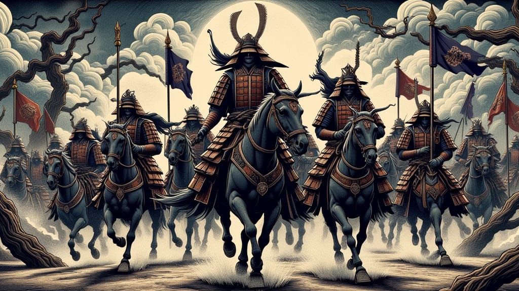 A dynamic vibrant illustration showcases samurai warriors in...