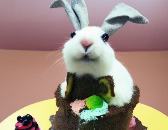 Cute Fluffy Rabbit Eating Cake