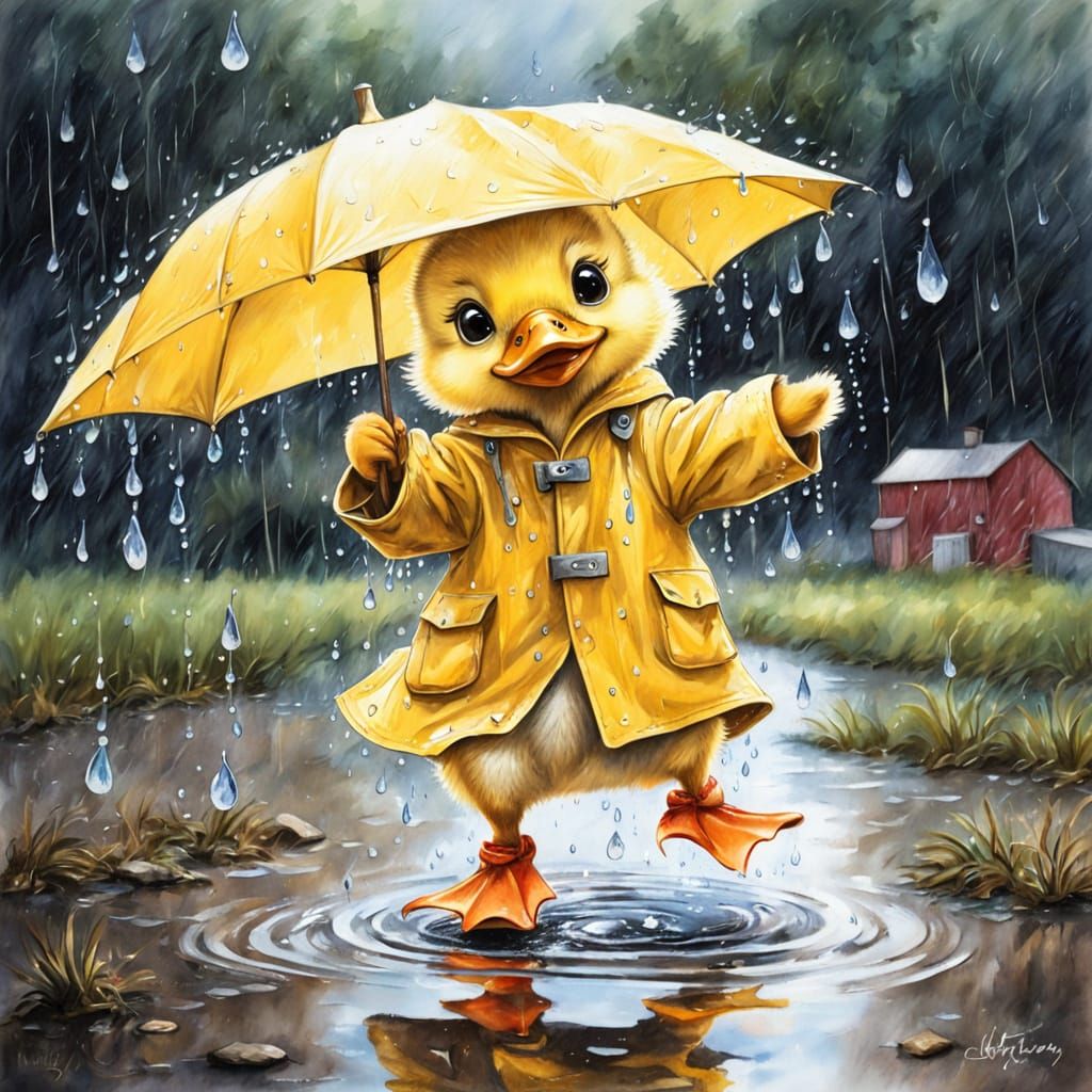 Happy Duckling Dancing in Rain: Watercolor Painting