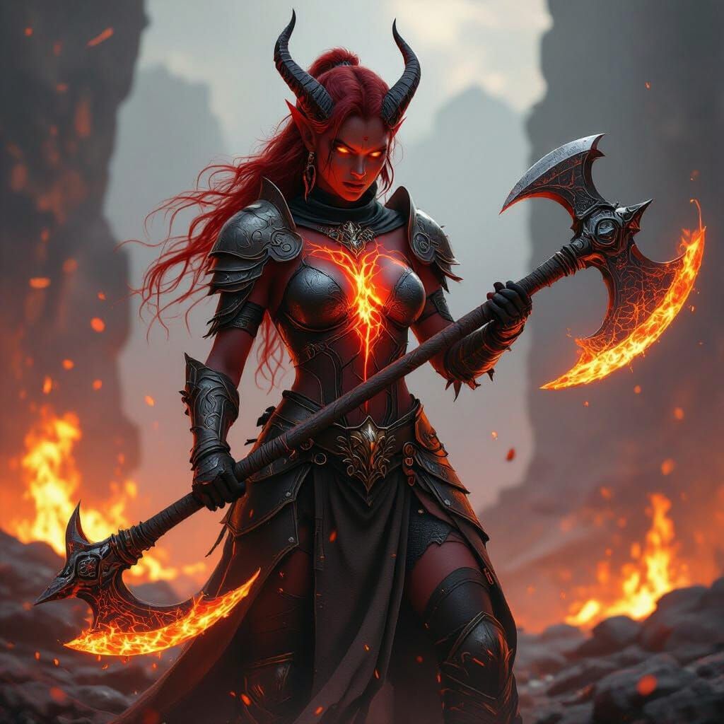Fiery Tiefling Warrior with Battle Axe on Infernal Battlefie...