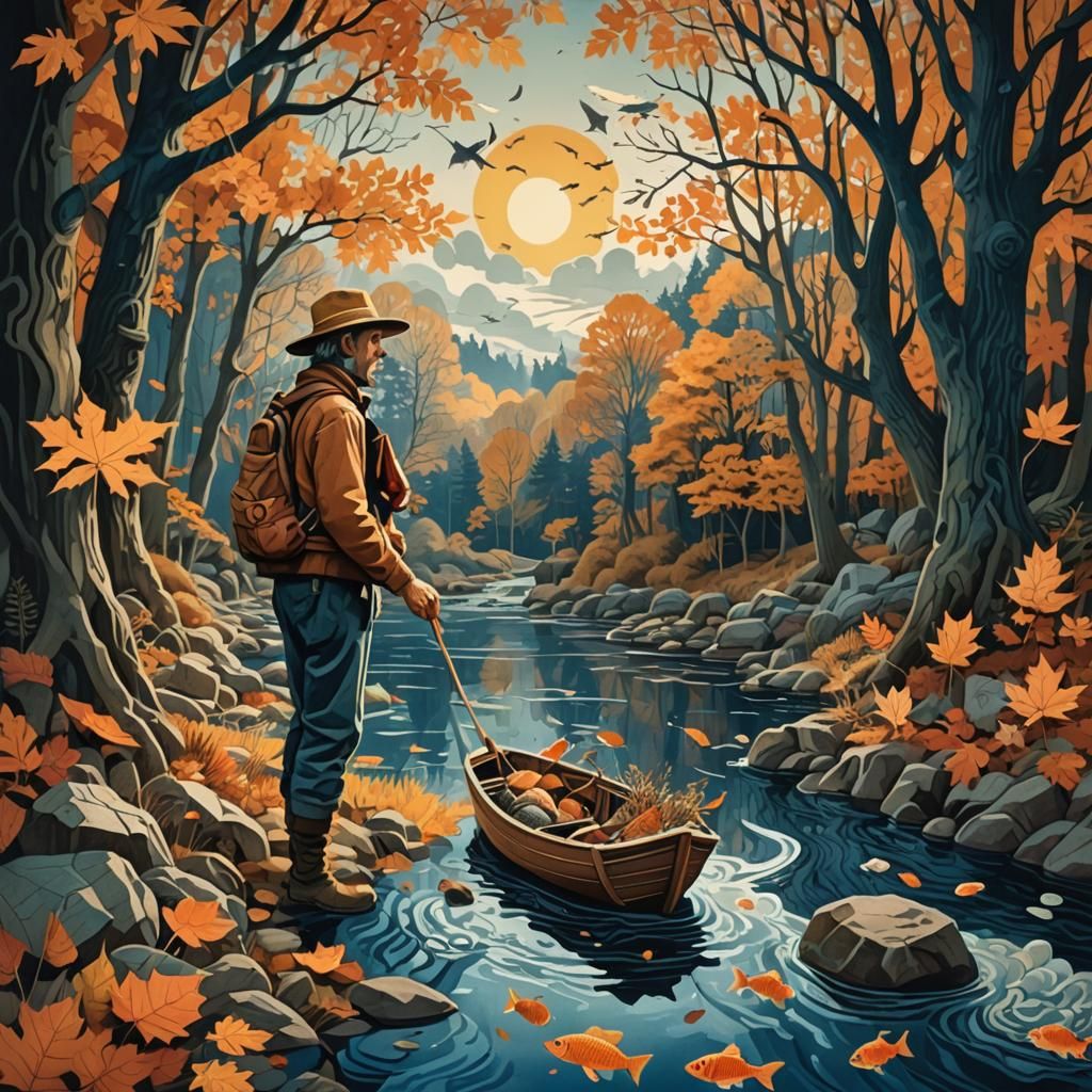 Fisherman Returns Home Through Autumn Woods as Collage