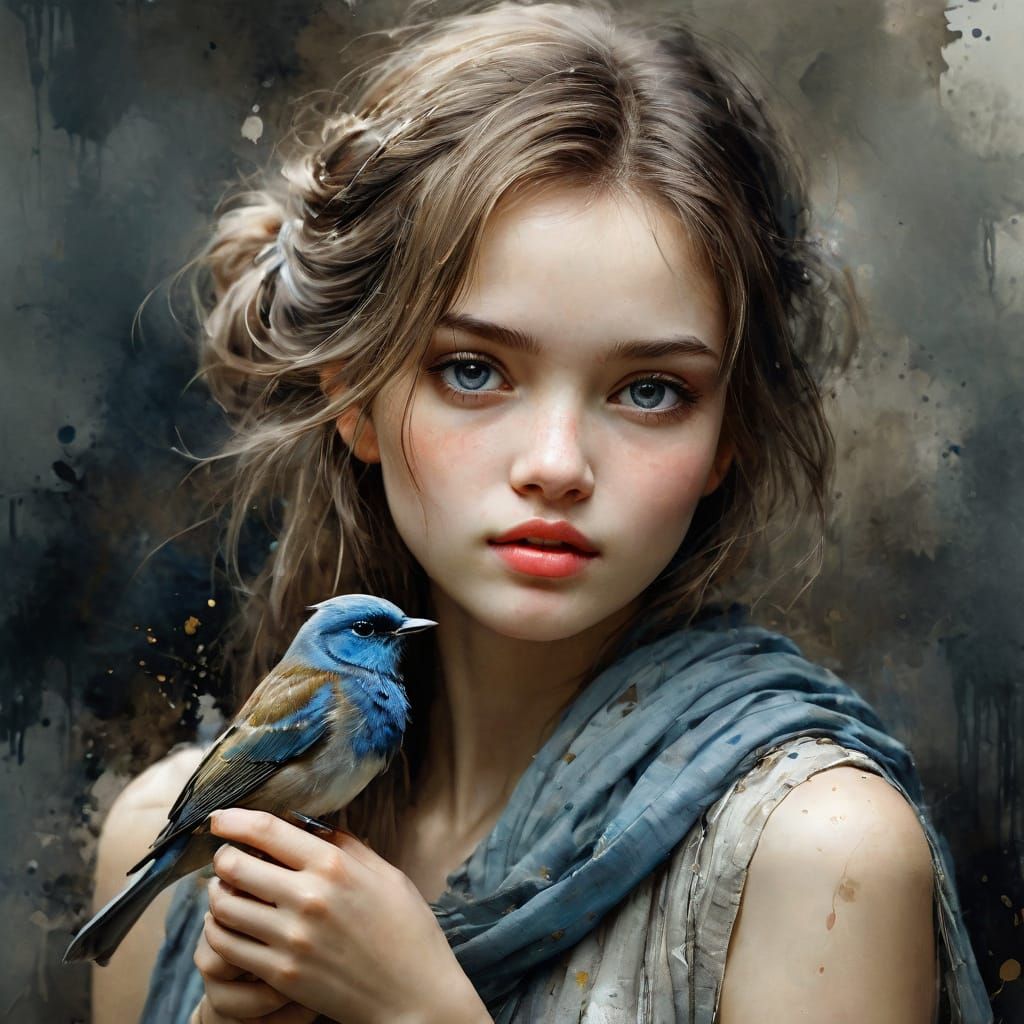 Rustic Watercolor Portrait of Woman with Little Blue Bird