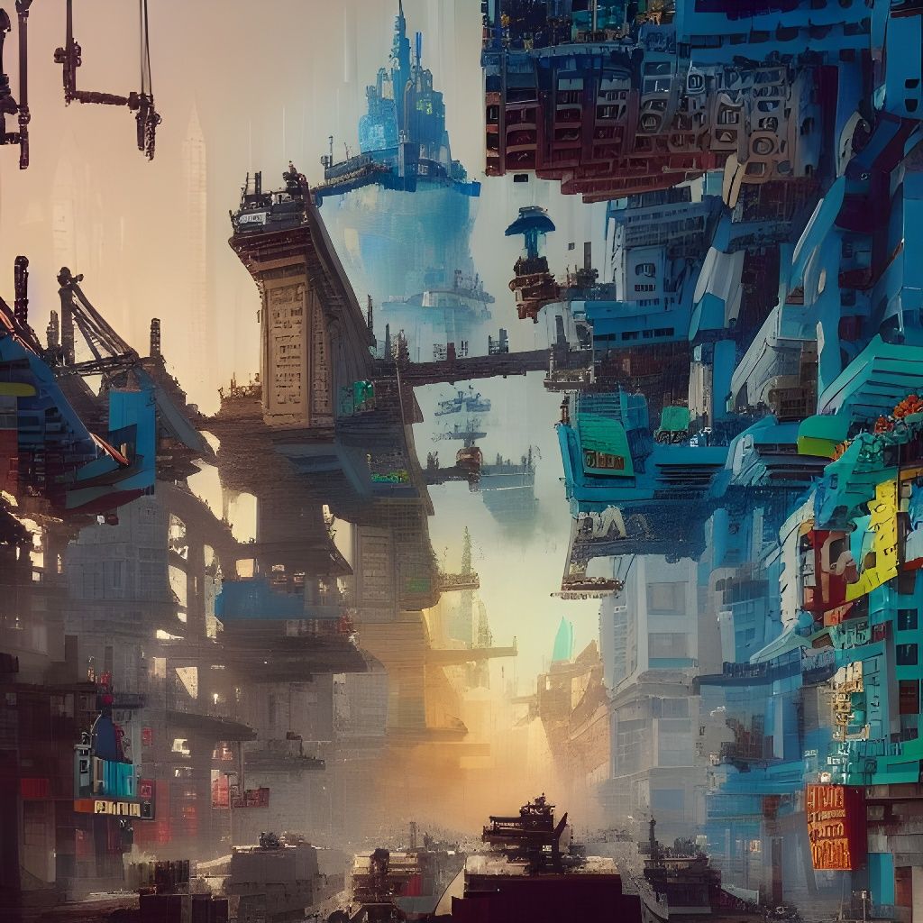 Hyperrealistic Lego City Fantasy Art in Deep Colors