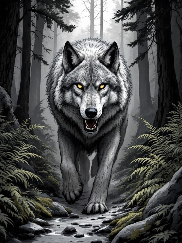A Majestic Gray Wolf Stalks Through Muted Forest Shadows