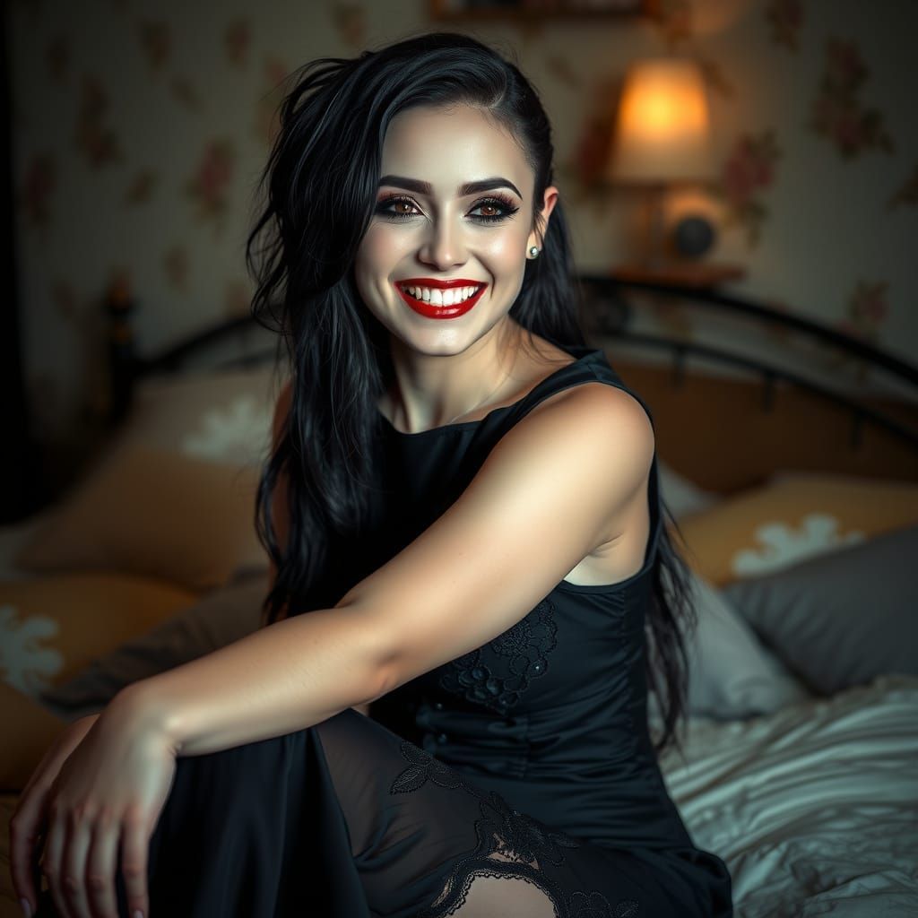 Gothic Woman Laughing in Intimate Setting