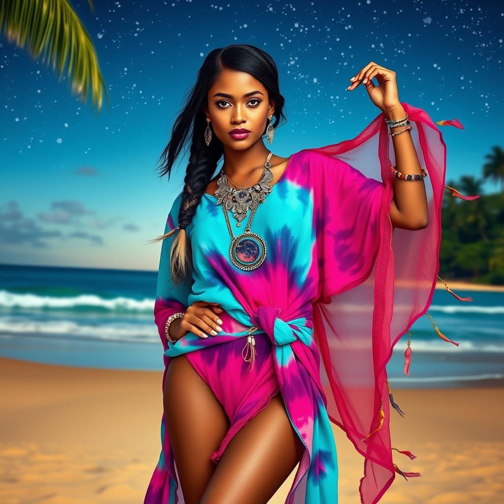 Bohemian Indian Woman on Tropical Beach