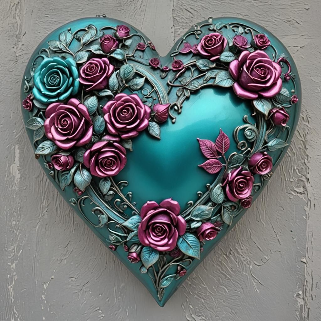 Metallic Heart with Roses in Turquoise and Magenta