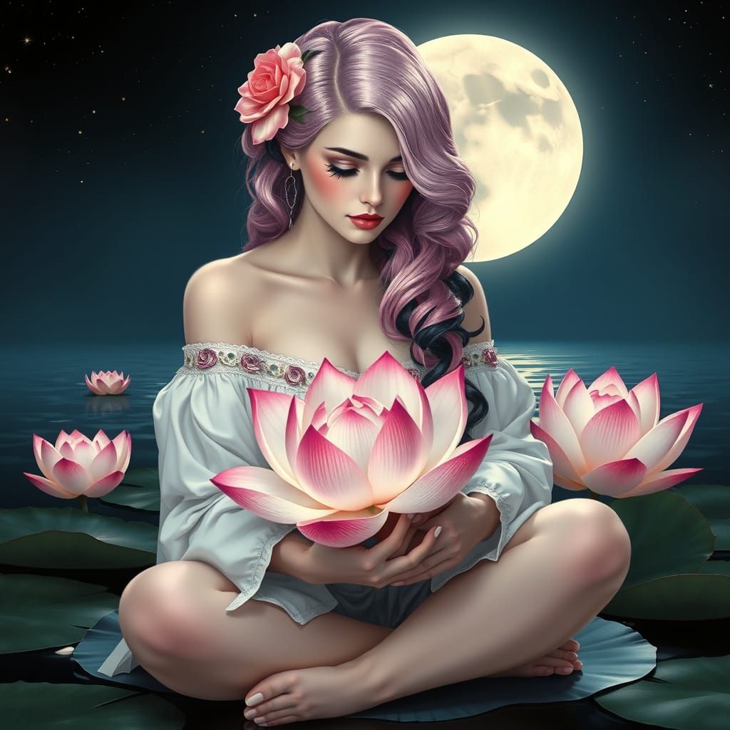 Woman with Lotus Flower in Art Nouveau Style