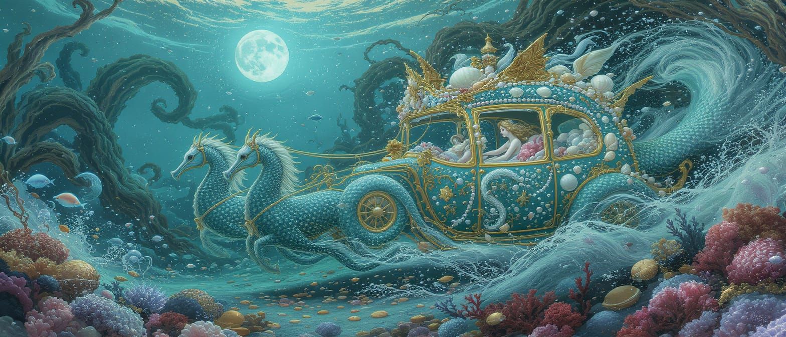 Mermaid's Classic Car Chariot in Pre-Raphaelite Style