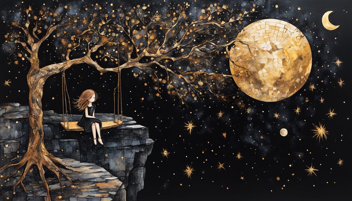 Golden moon whispers,  Swinging on the edge of night,  Stars guard silent dreams