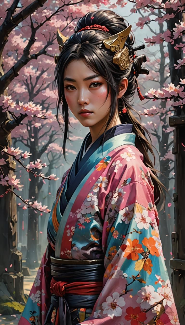 Beautiful Ninja Portrait with Cherry Blossoms