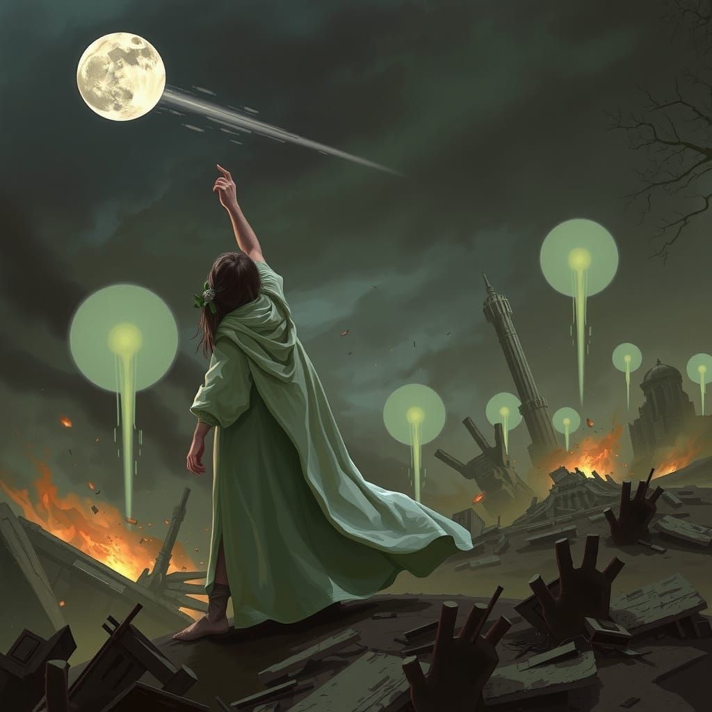 Mydian Girl Points to Falling Moon in Apocalyptic Scene