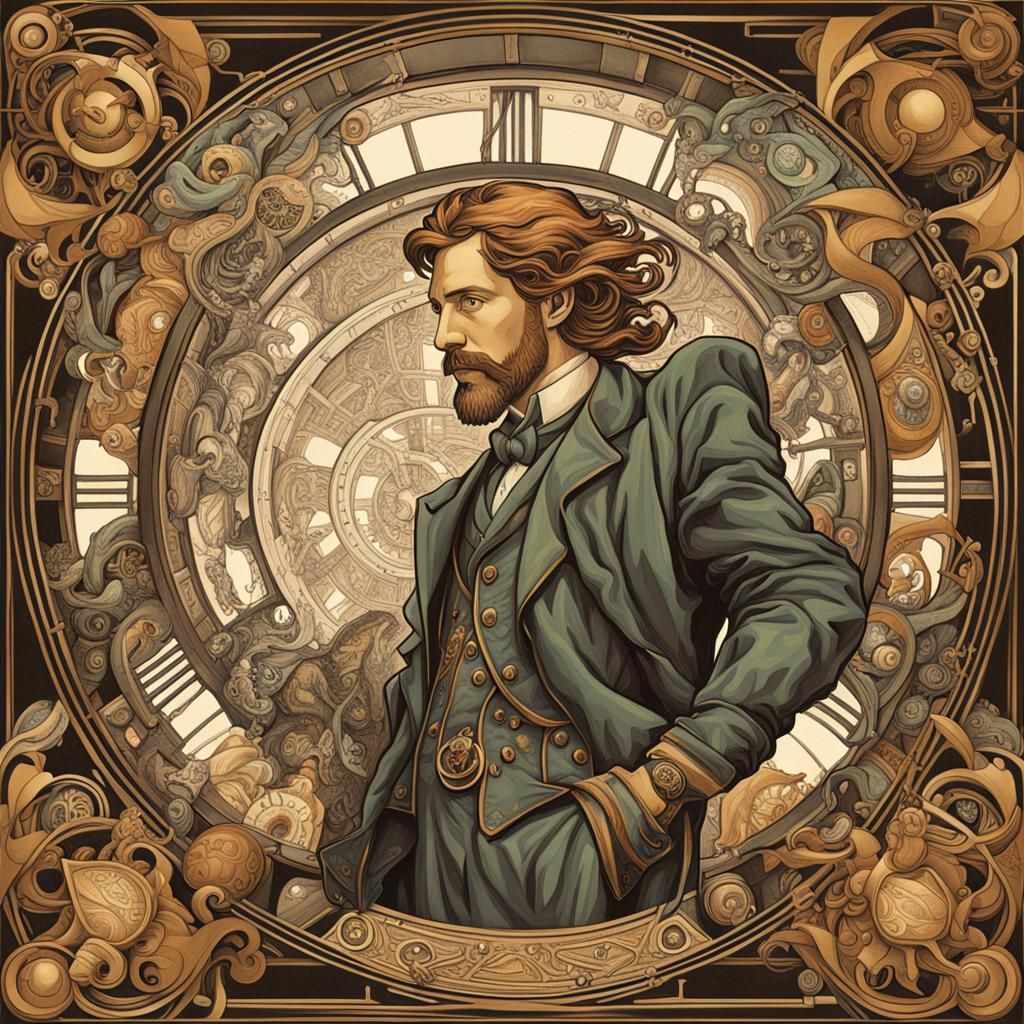 M C Escher meets steampunk in the style of Alphonse Mucha art deco vivid