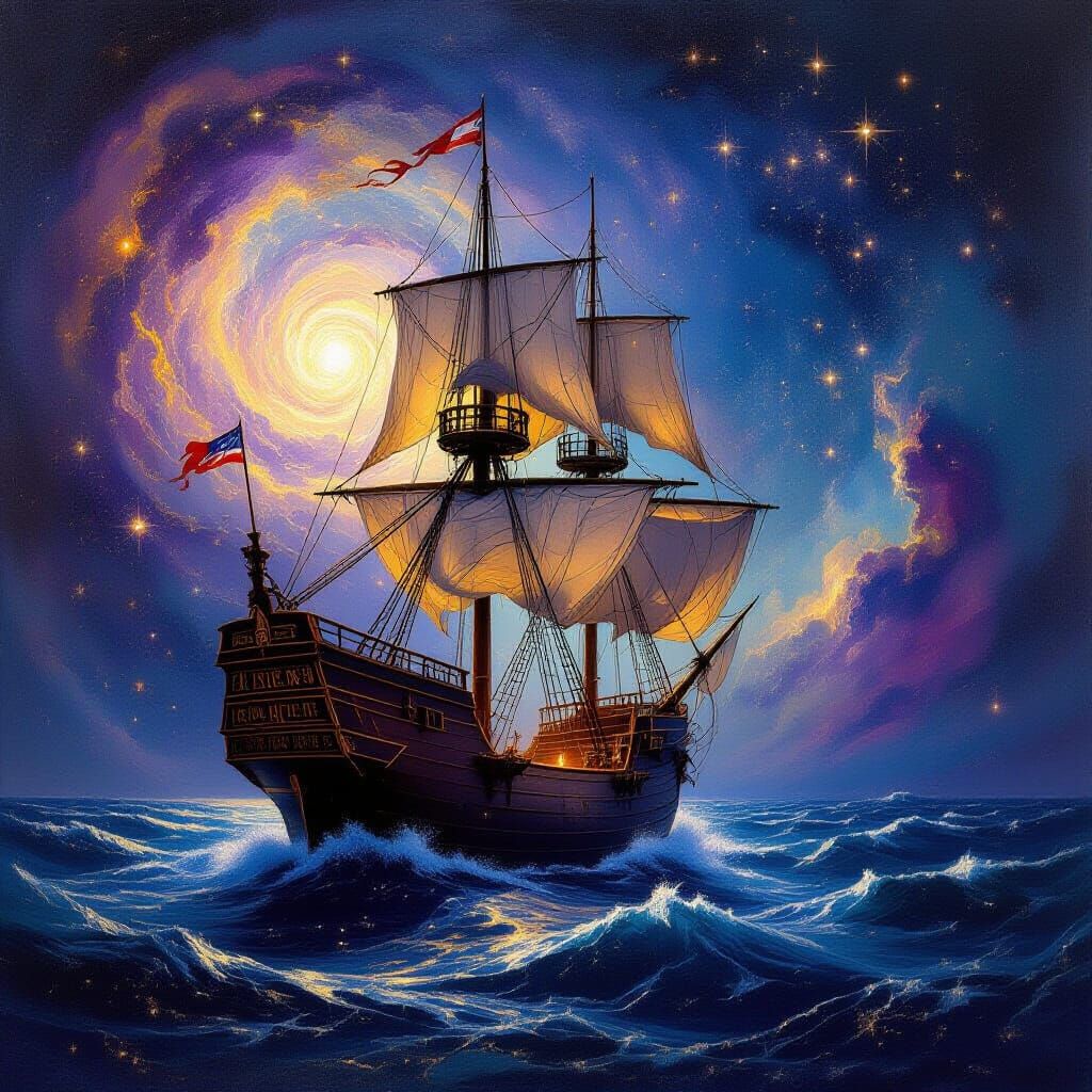 Majestic Galleon Sails Through Cosmic Nebula in Acrylic Styl...