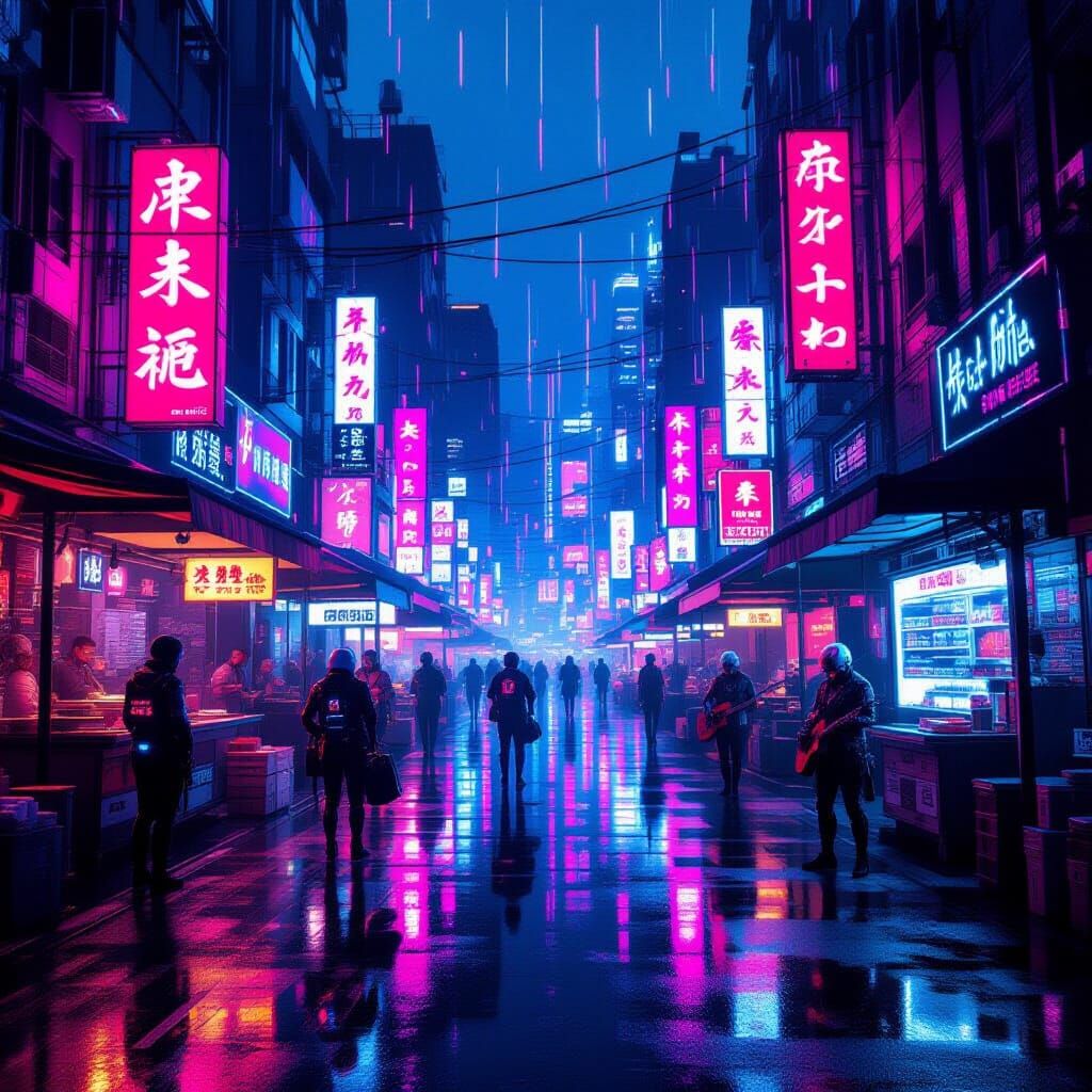 Neon Cyberpunk Market Under Glowing Rain