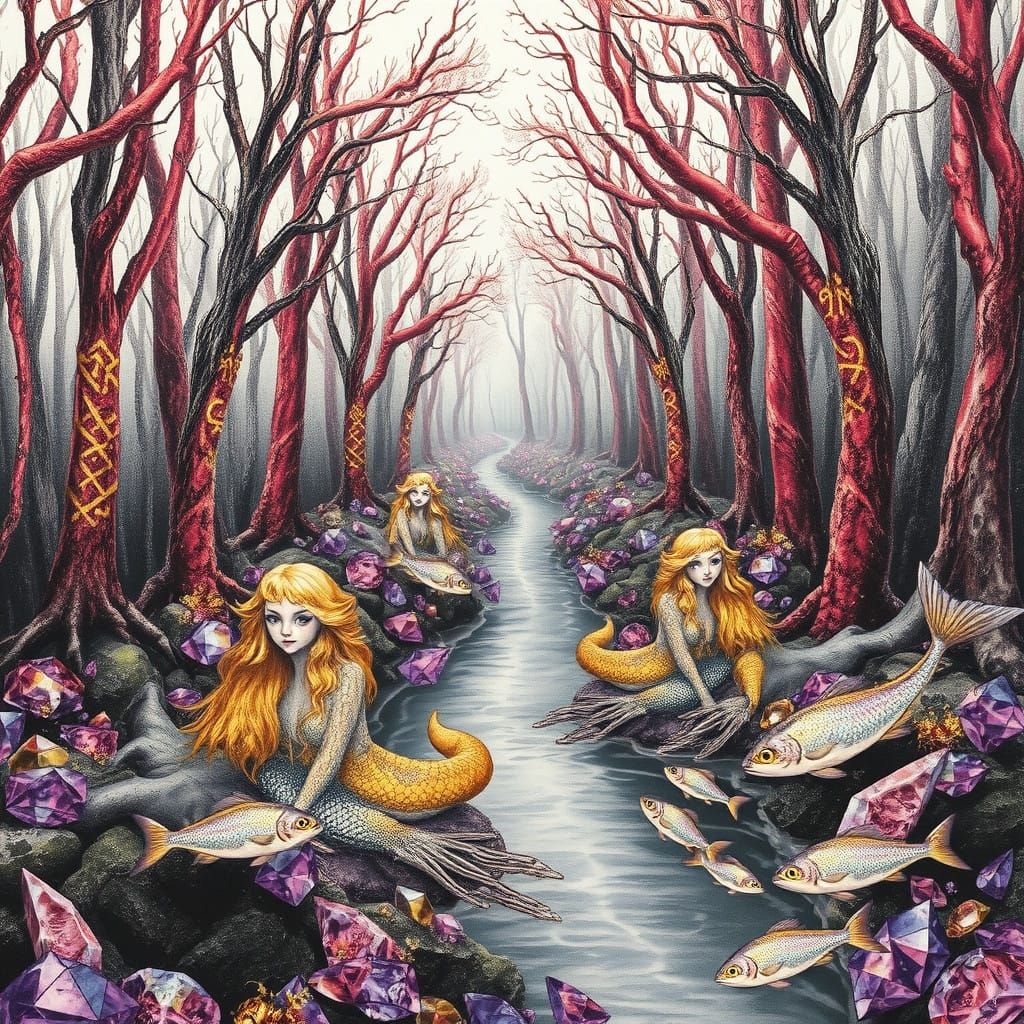 Hyper-Realistic, Dreamlike River Scene with Mermaids and Sap...