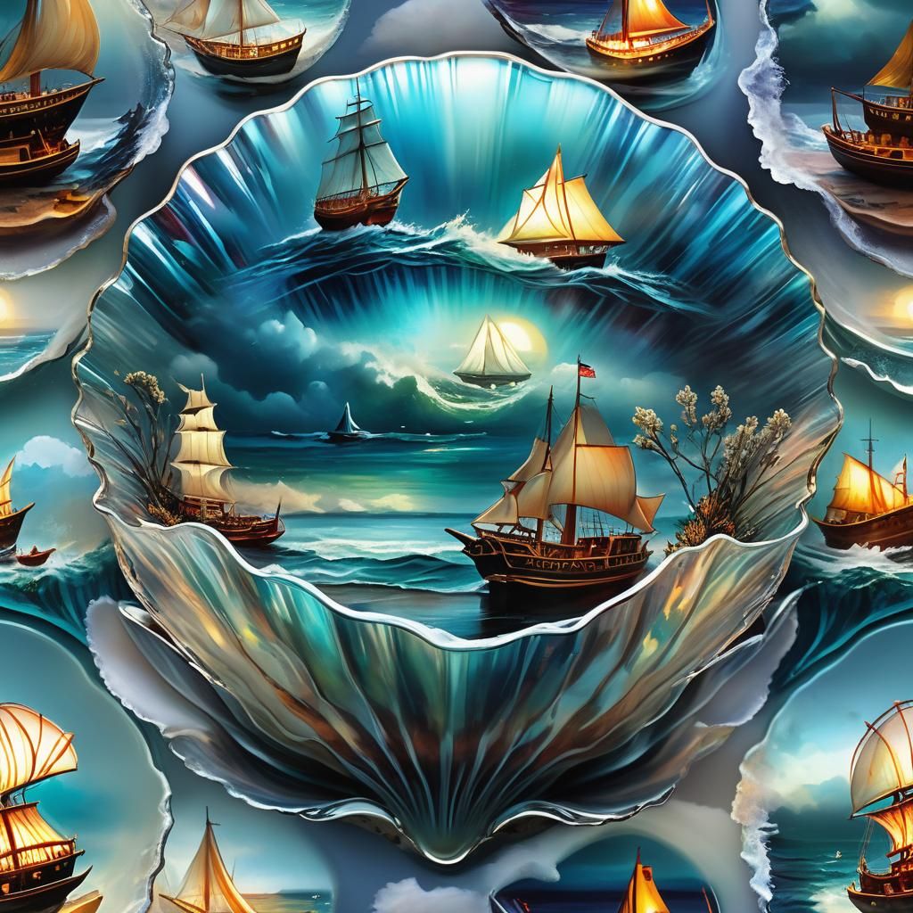 Stormy Ocean Scenes in Glass Scallop Shell