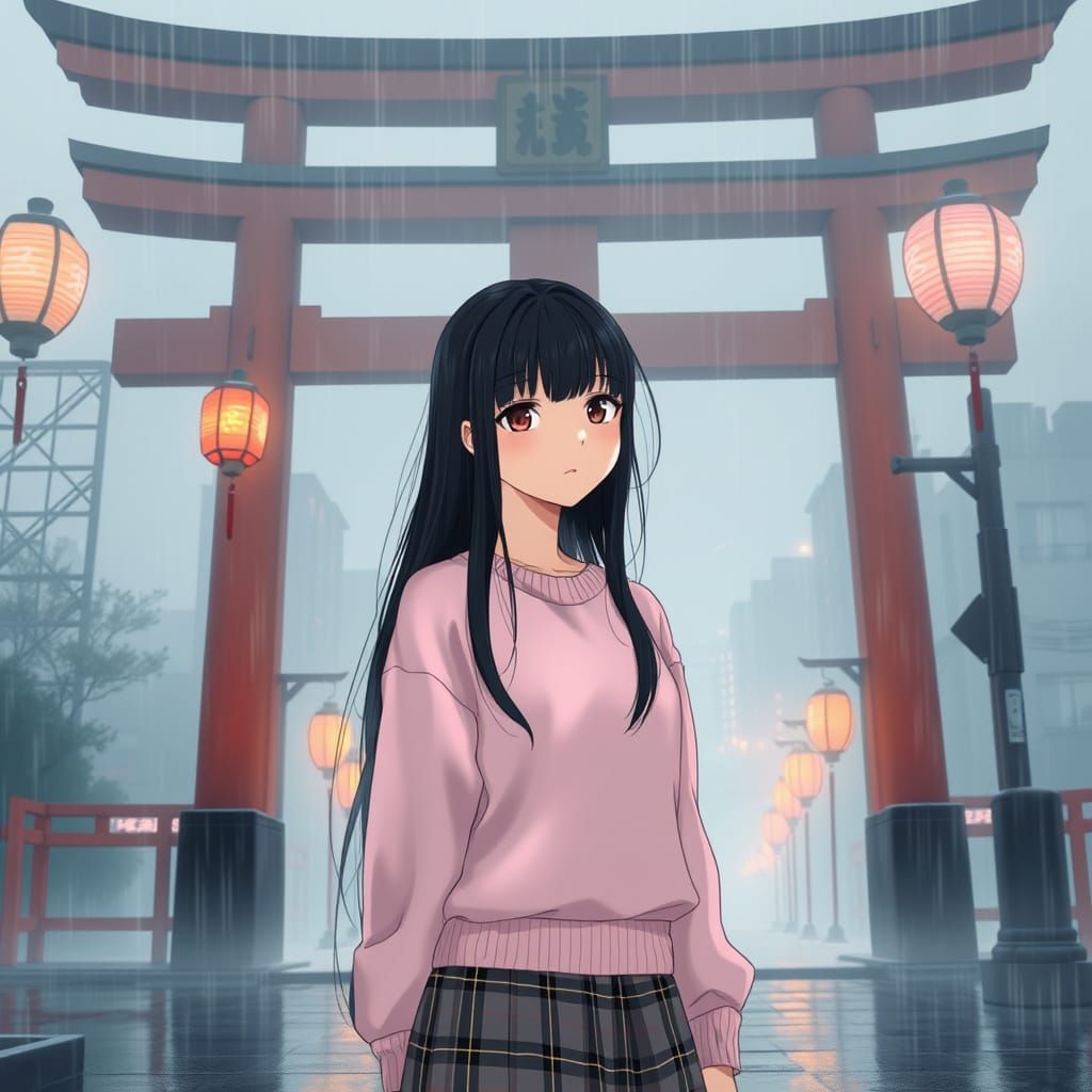 Japanese Schoolgirl in Foggy Tokyo at Sunset