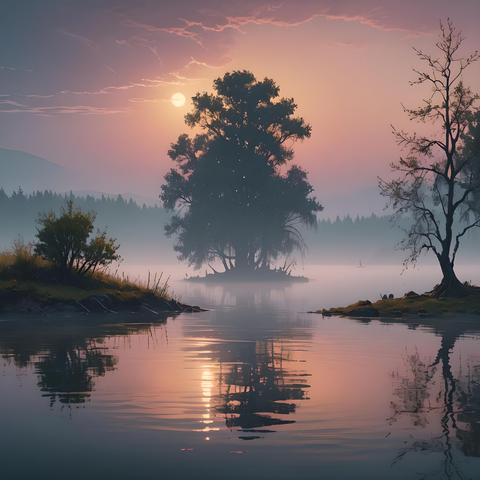 Tranquil Lake at Twilight: Willow Tree Island