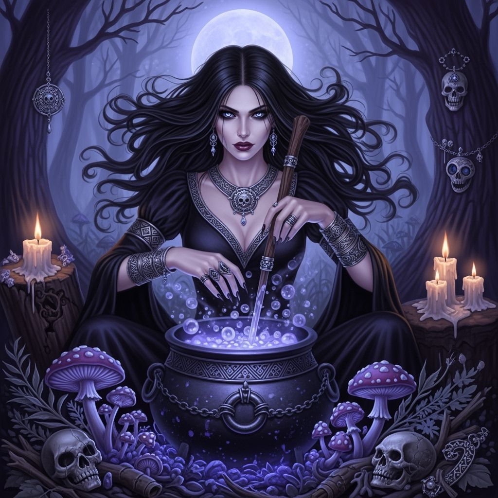 Gothic Witch Brewing Potion in Misty Forest