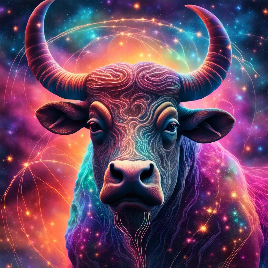 Surreal Minotaur in Vibrant Astral Landscape