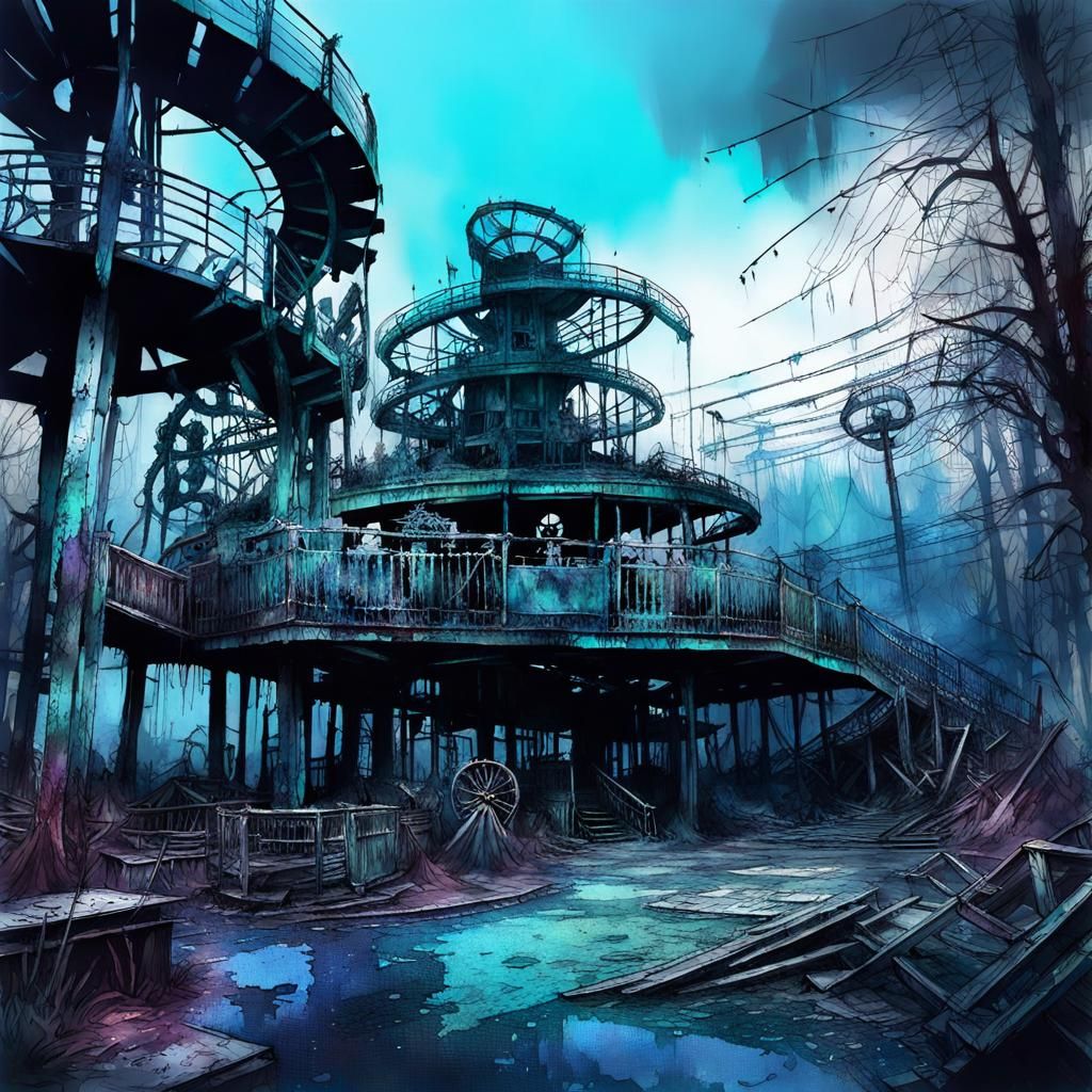 Scary Abandoned Amusement Park in Digital Watercolor