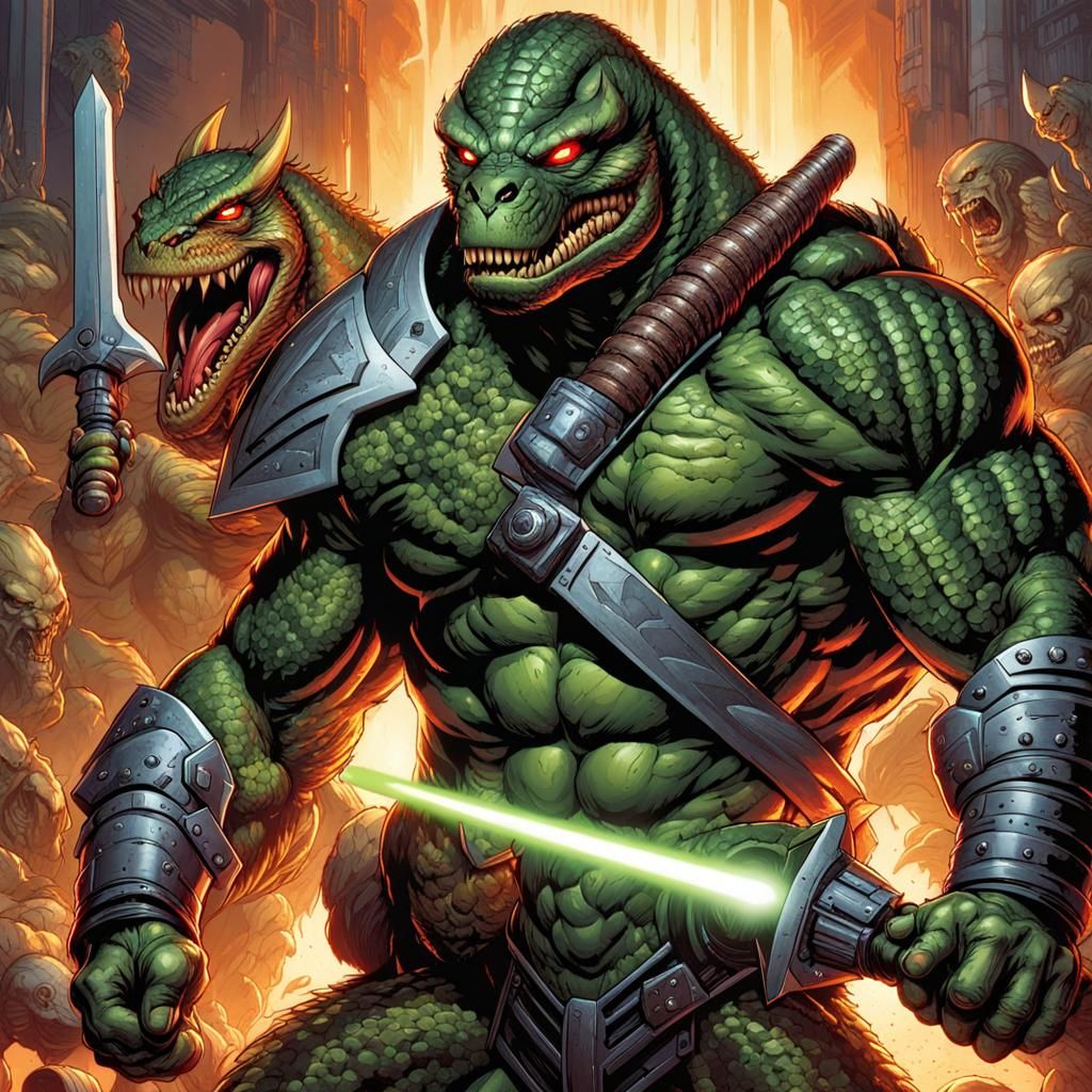 Reptilian Bounty Hunter with Laser Blasters, Comic Book Art
