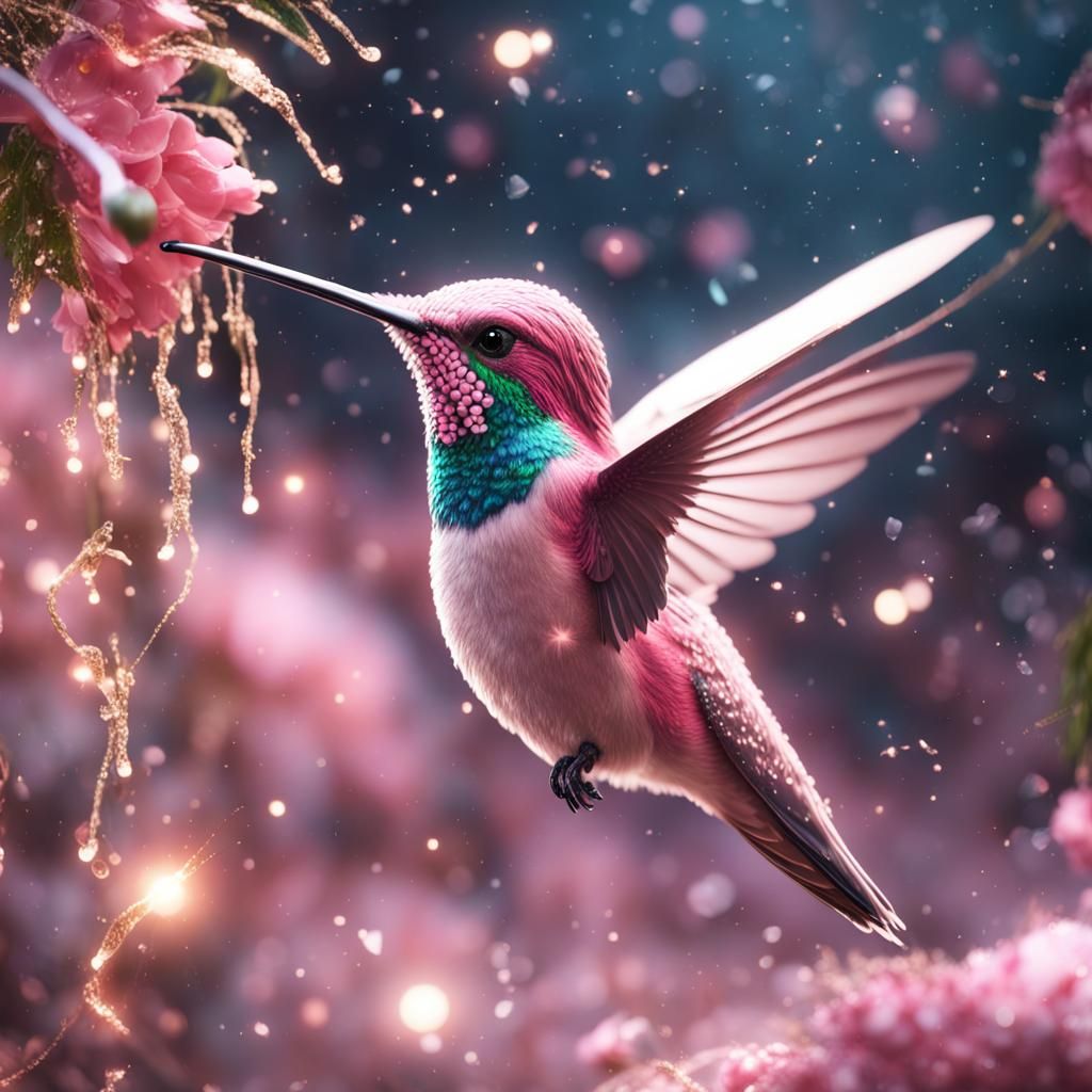 Pink Hummingbird with Snowfall and Sparkles