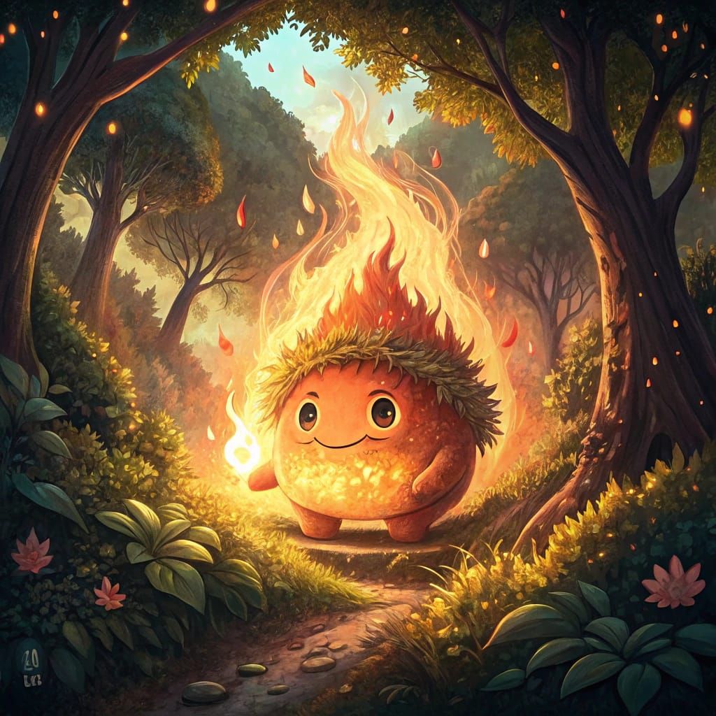 Surreal Hayao Miyazaki-Inspired Fire Demon in Whimsical Gard...