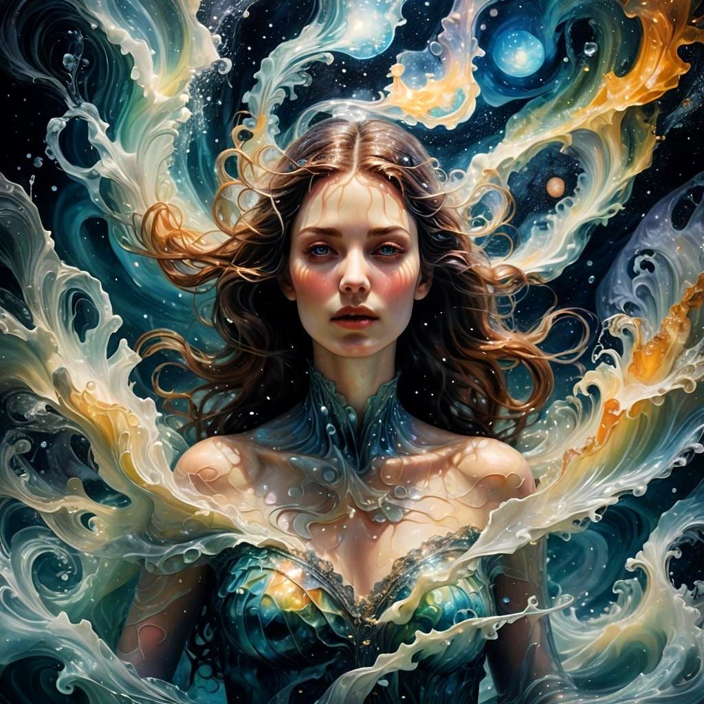 Iridescent Woman in Mystical Waves: Surreal Encaustic Painti...