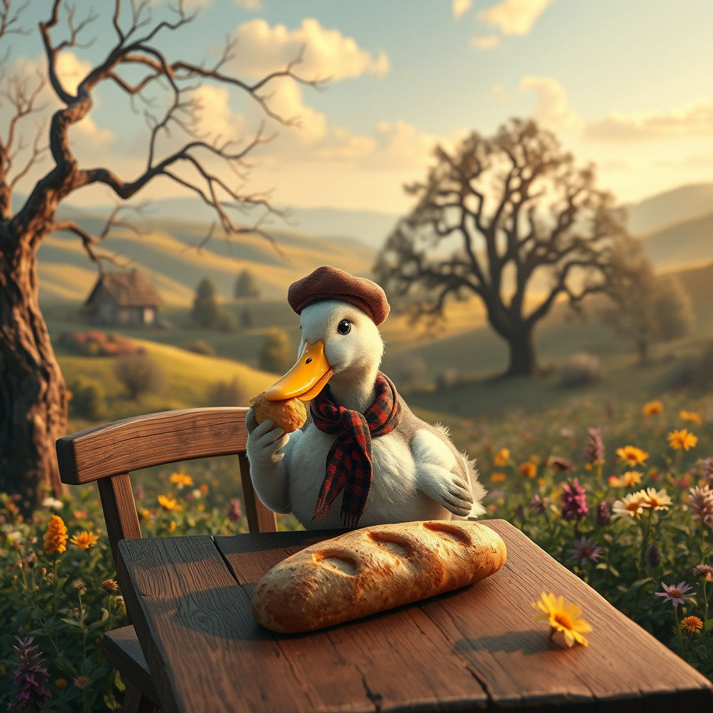 French Duck Enjoying Baguette in Impressionist Landscape
