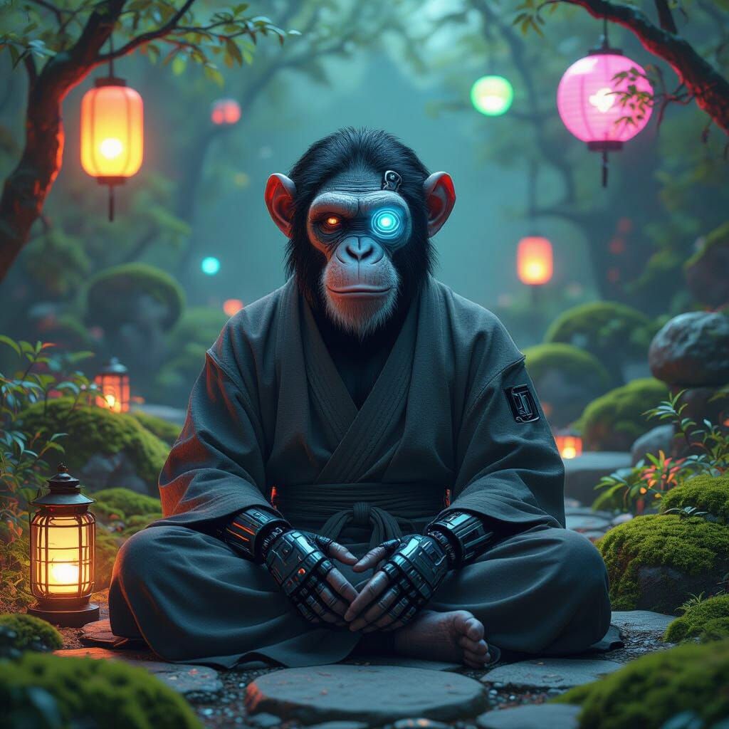 Cyborg Chimpanzee Meditating in Neon Zen Garden