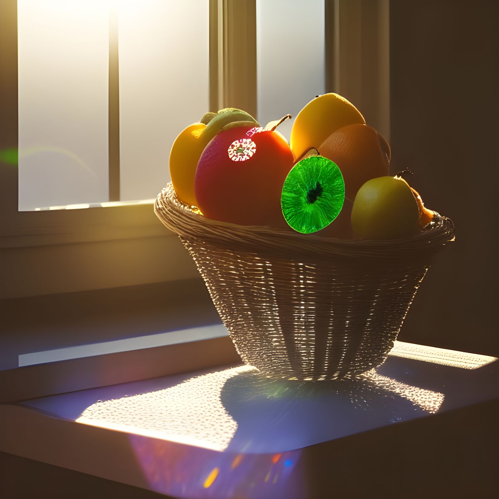Sunlit Fruit Basket with Dramatic Lighting and Depth