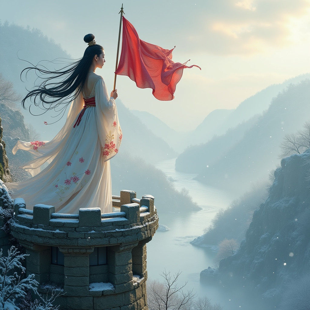 Woman in Hanbok with North Korean Flag