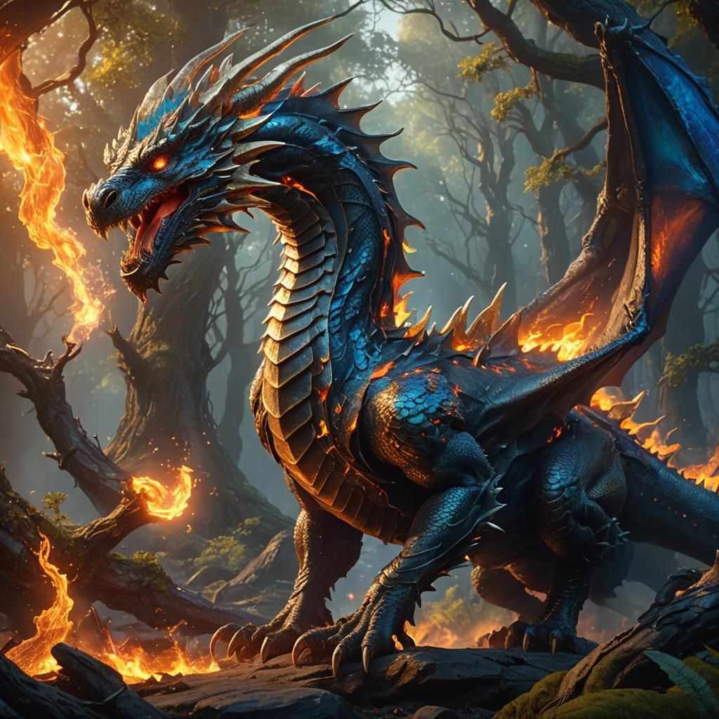Metal Dragon Breathes Fire in Mystical Forest