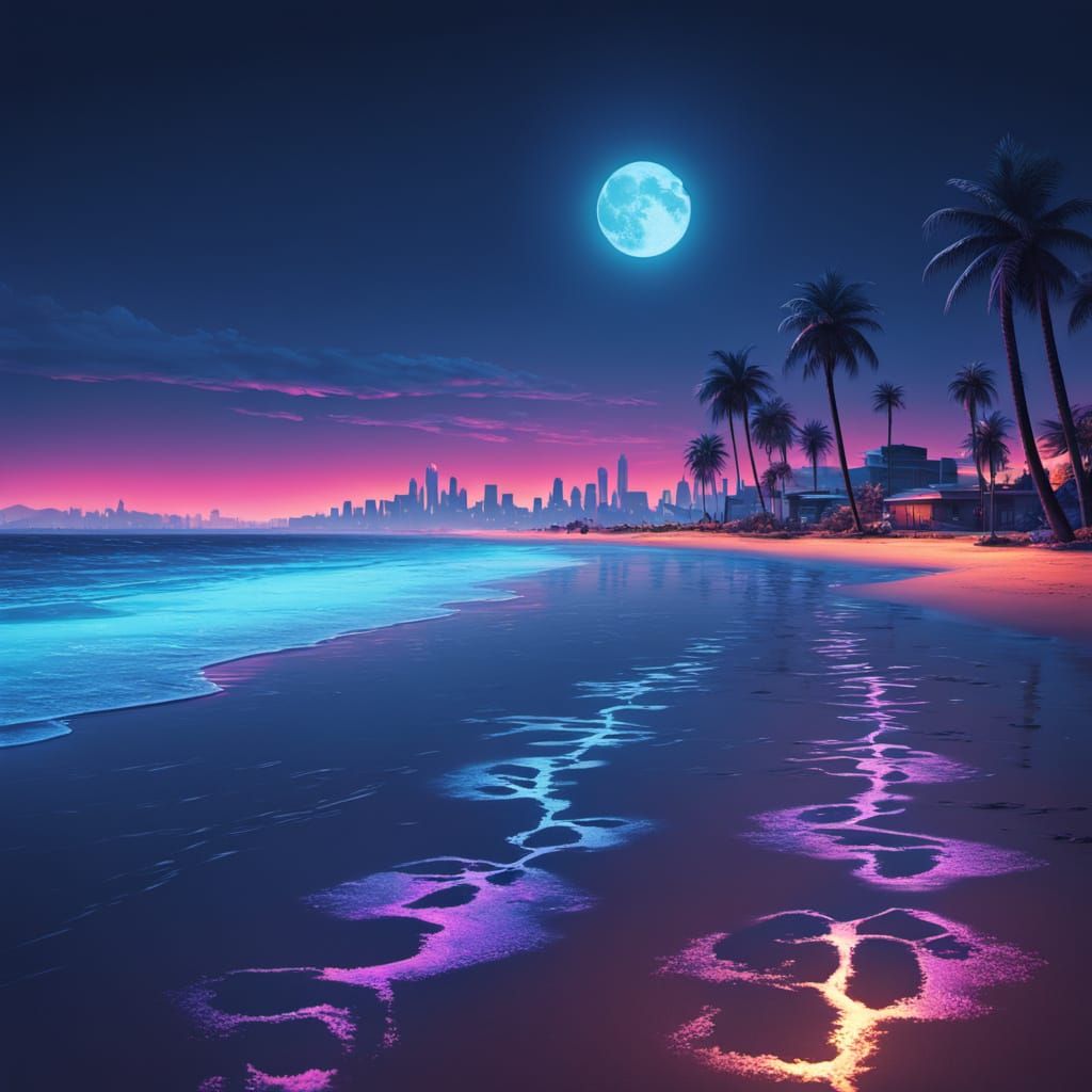 Retro Neon Footprints on Moonlit Shore
