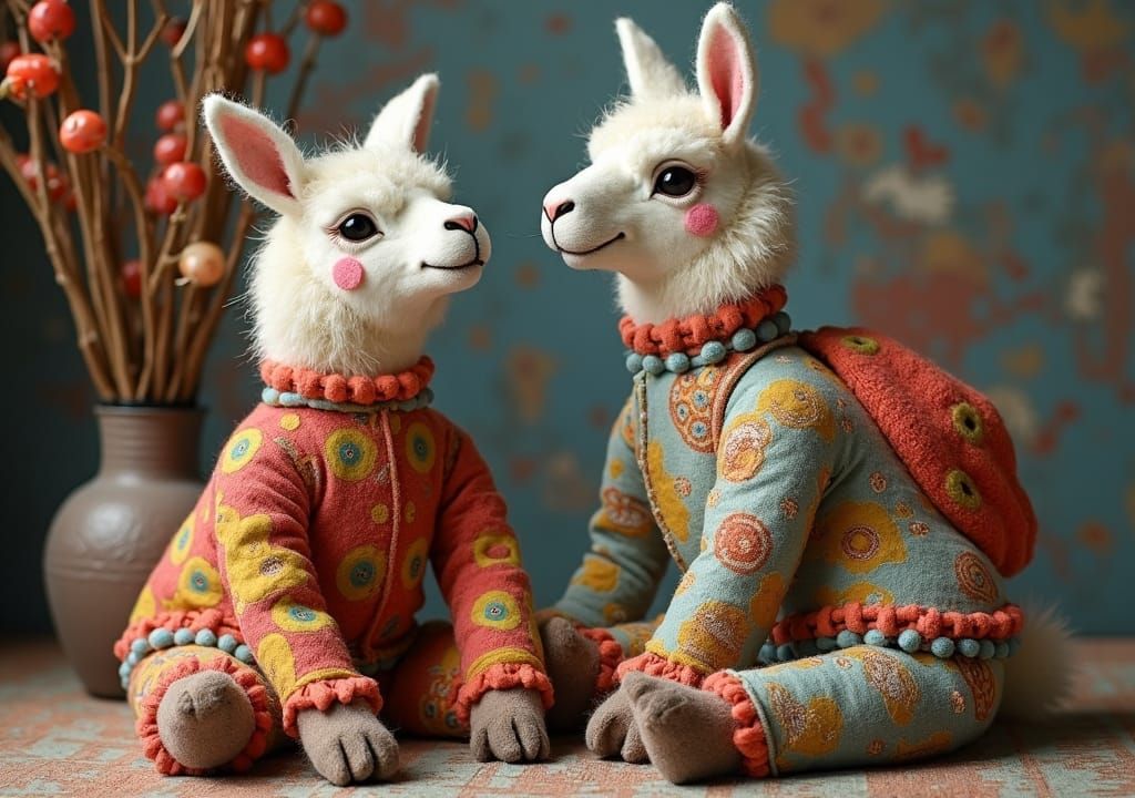 Felted Patchwork Llamas in Pyjamas Textile Art