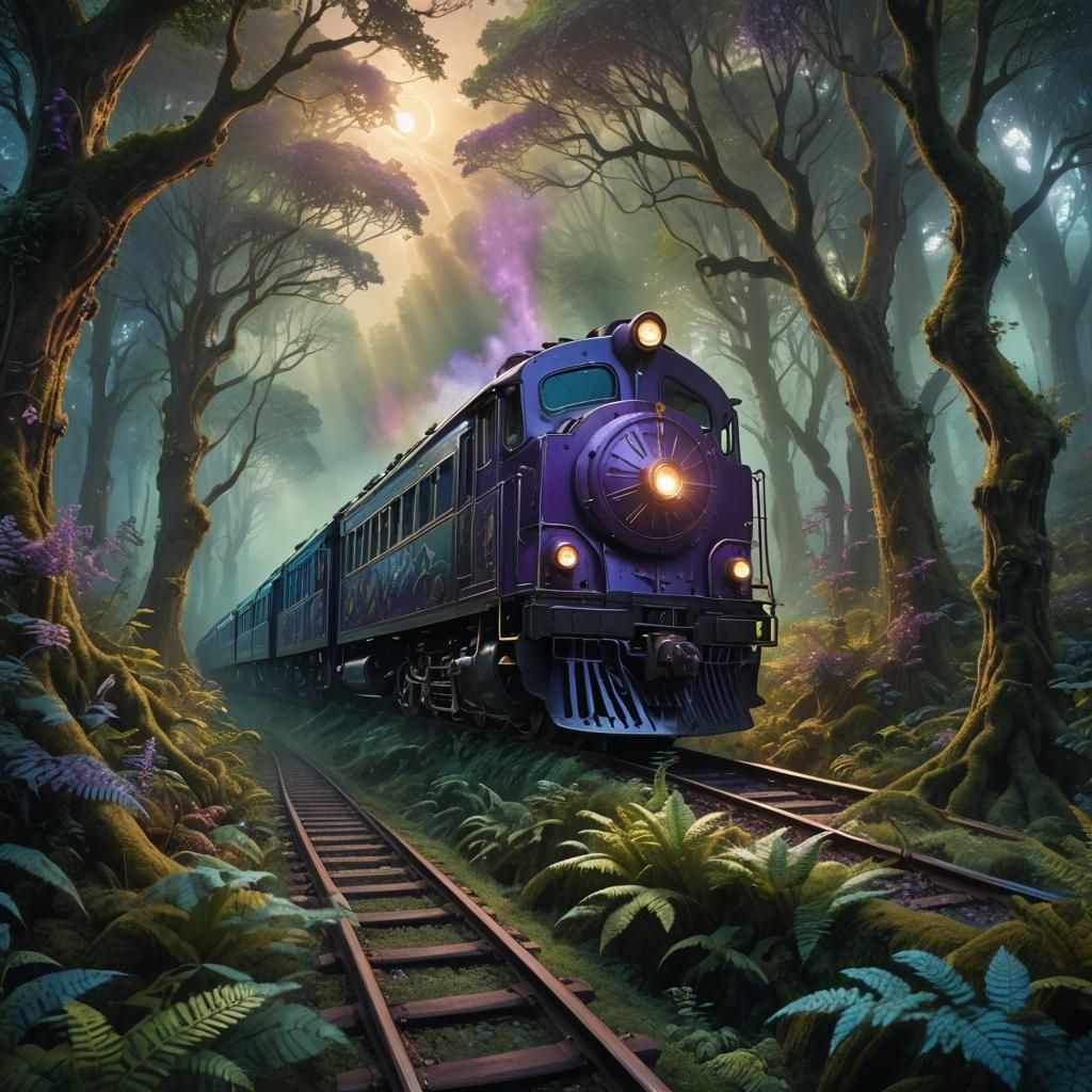 Fantastical Rail Train Through Mystical Forest