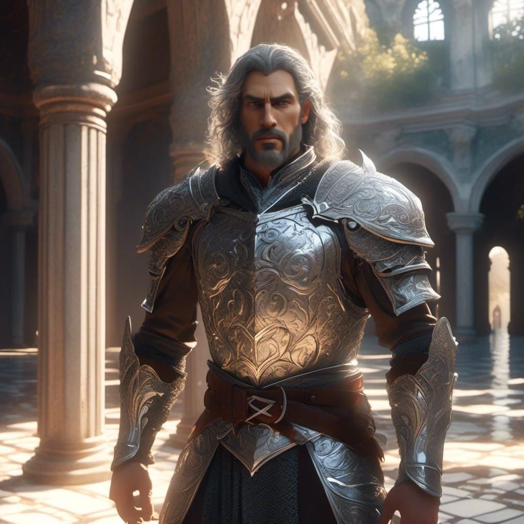 Half-Elf Warrior in Palace Courtyard