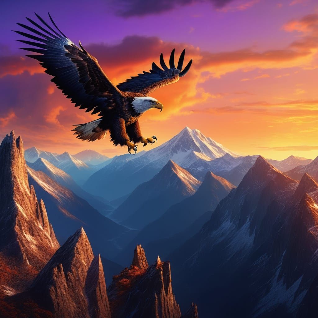 Majestic Eagles Soar Over Epic Mountain Range at Golden Hour