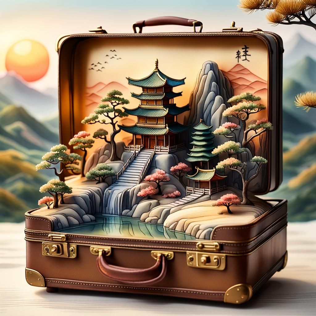 Open, Delicate Chinese Miniature Scene in Ink and Watercolor...