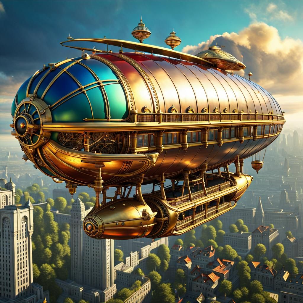 Steampunk Zeppelin Over Cyberpunk Gothic City