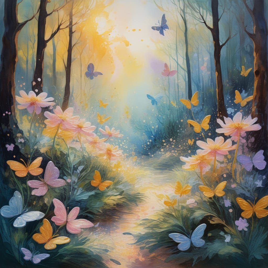 Whimsical Gouache Painting of an Enchanted Forest Bloom