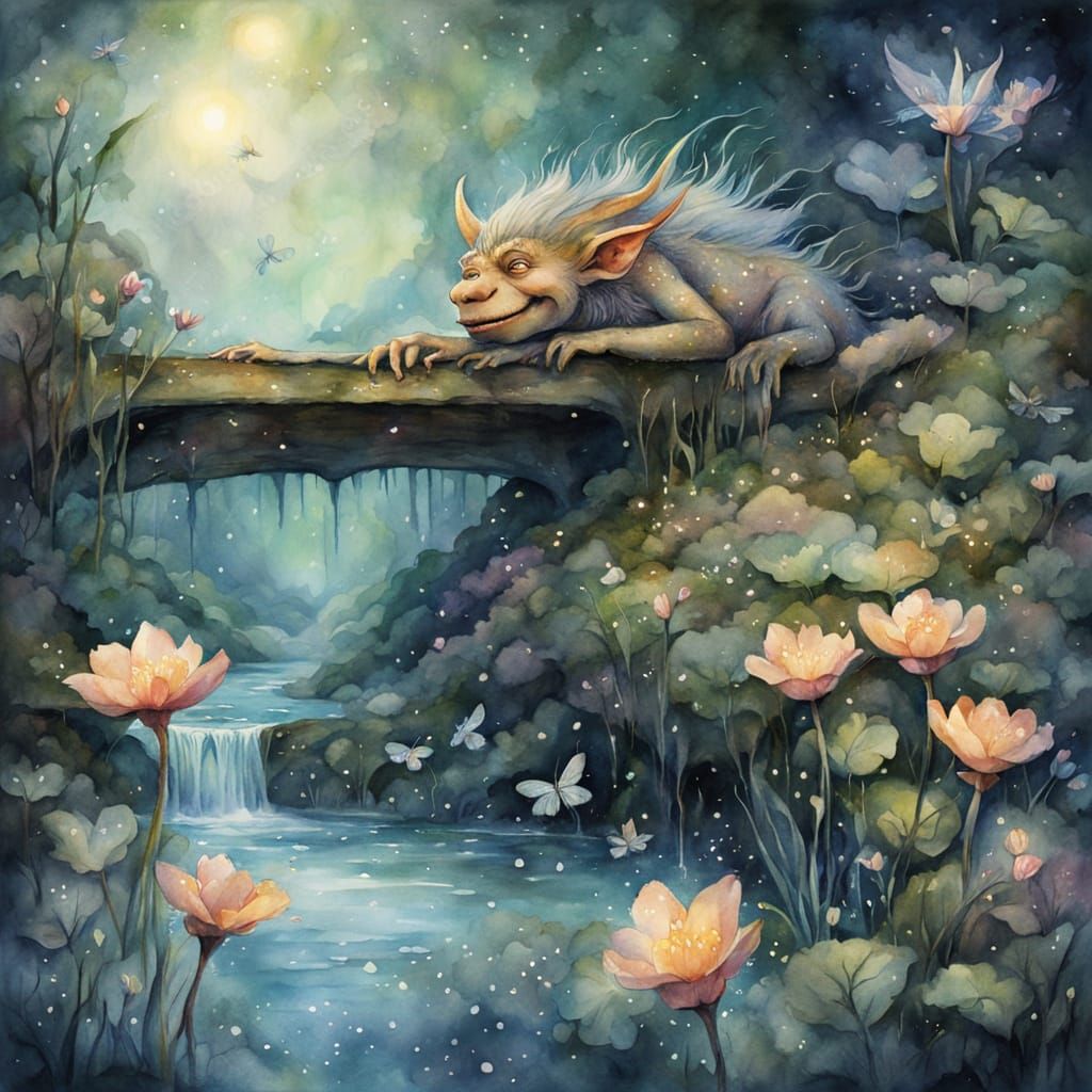 Troll Sleeping Under Bridge in Watercolor Fantasy