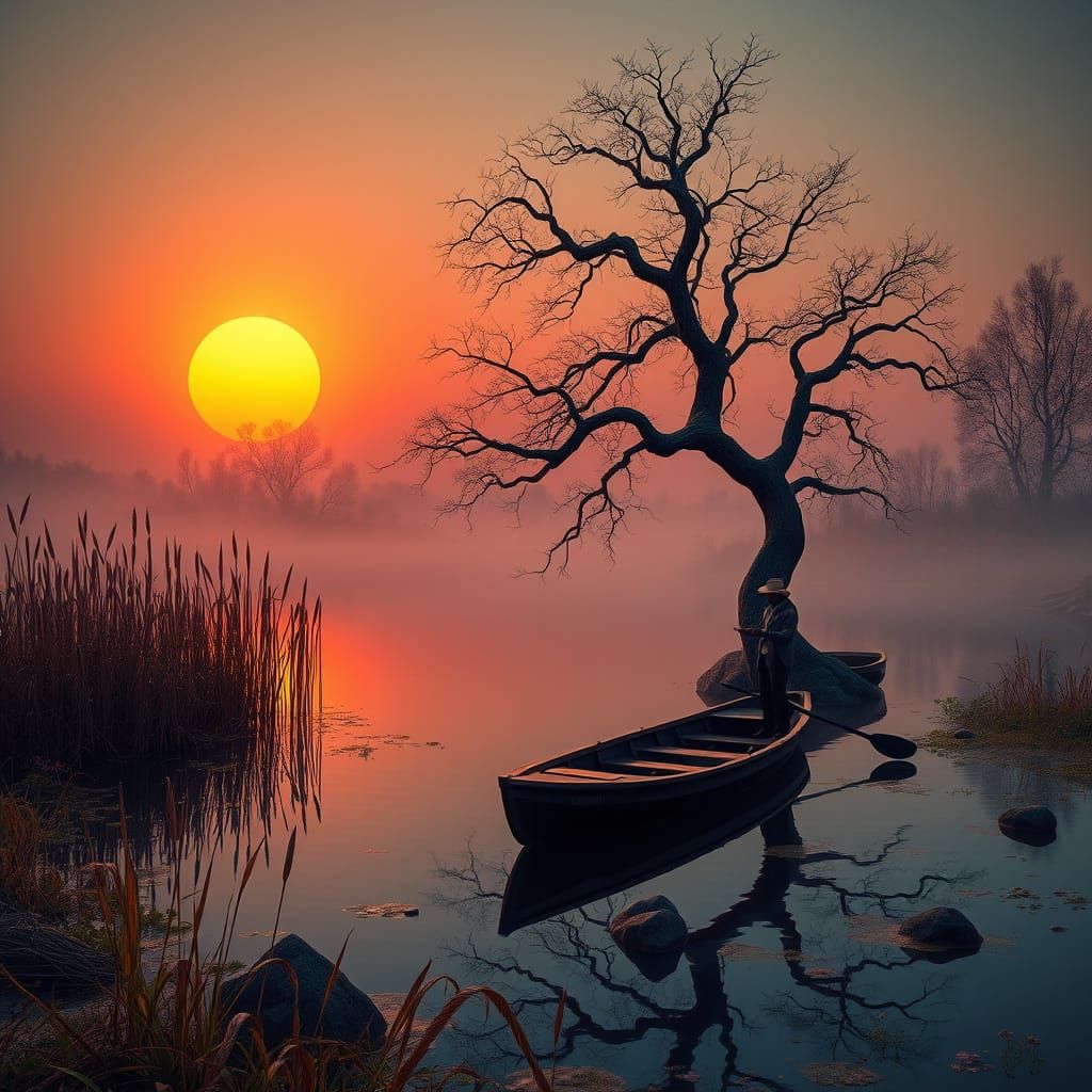 Surrealist Sunset on a Serene Pond in the Style of Thomas Ki...