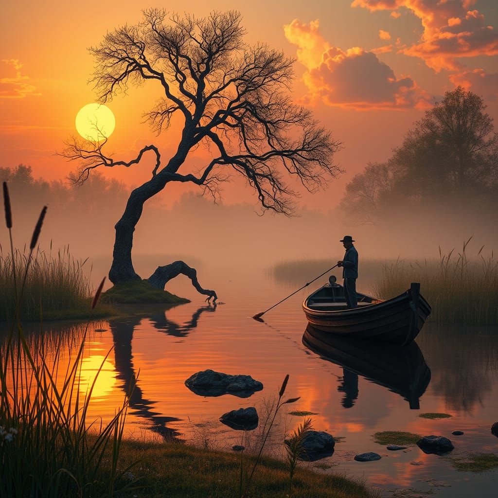 Surrealist Sunset Pond Scene in Whimsical Style