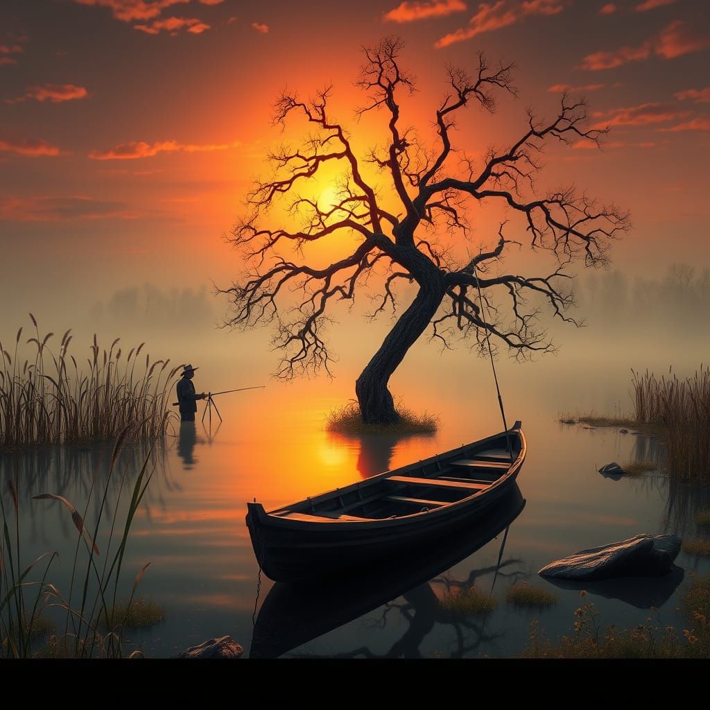 Surrealist Sunset on a Serene Pond