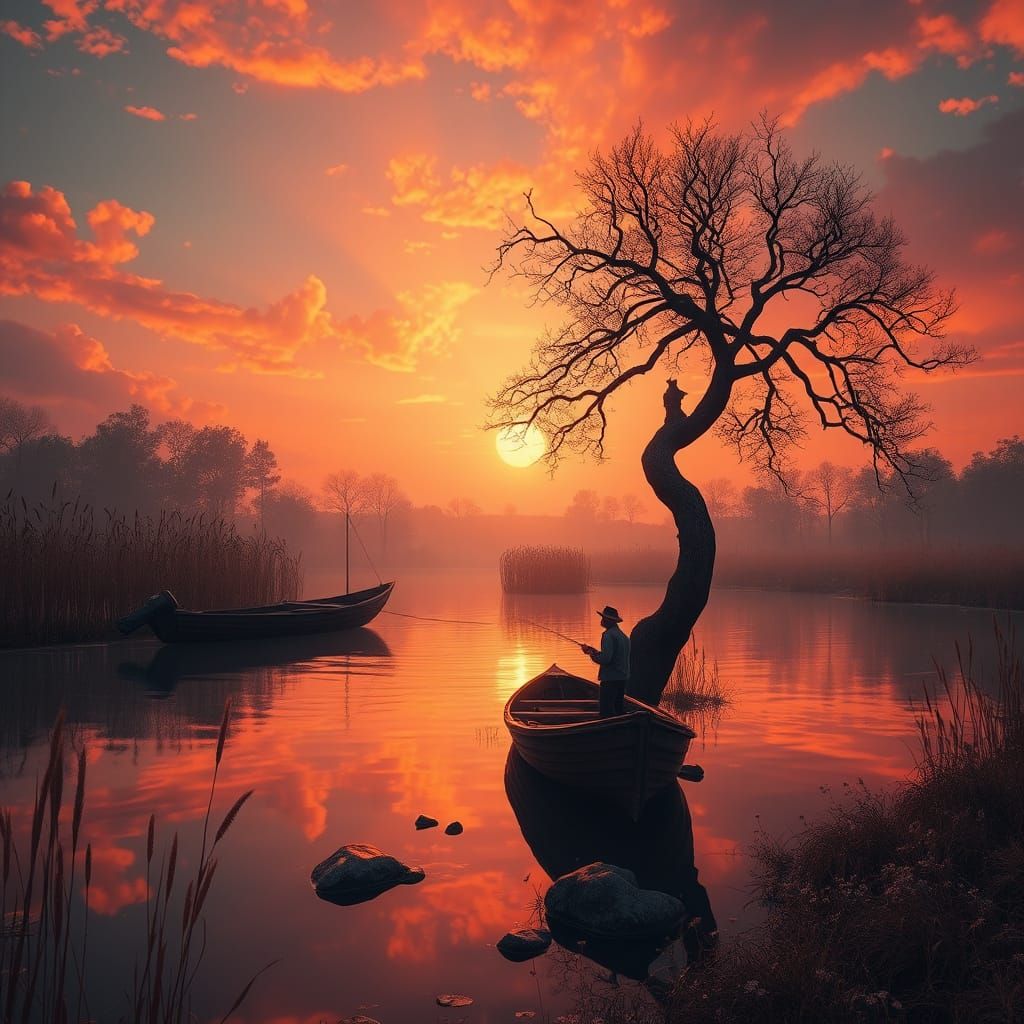 Surrealist Sunset Scene with Lonely Fisherman