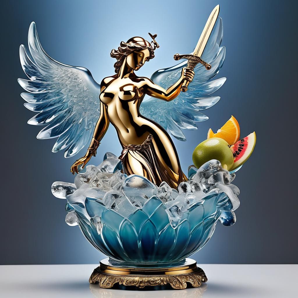 Enameled Angel Figurine Amidst Exotic Fruit