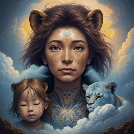 Emotional Surrealism: Woman, Children, Lion in Heaven